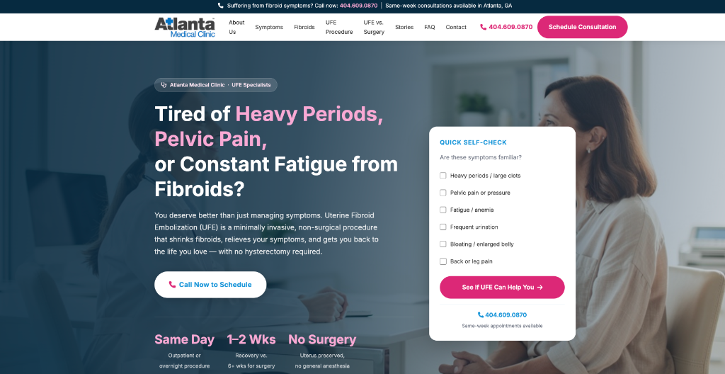 Atlanta Medical Clinic fibroid treatment website screenshot