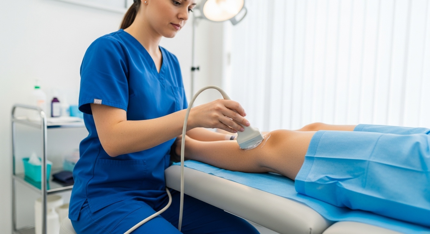 Vascular specialist examining leg veins with ultrasound