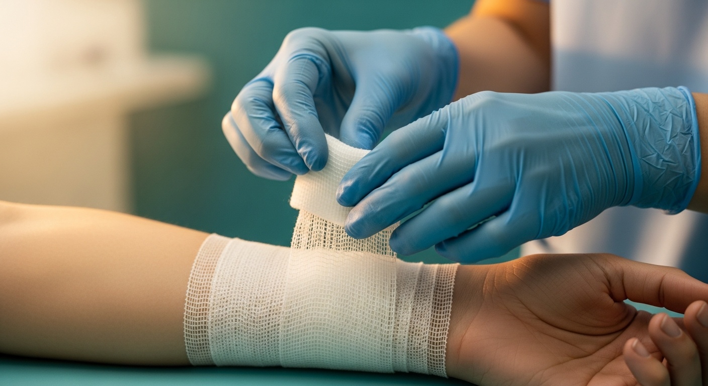 Post-surgical wound care nurse applying dressing