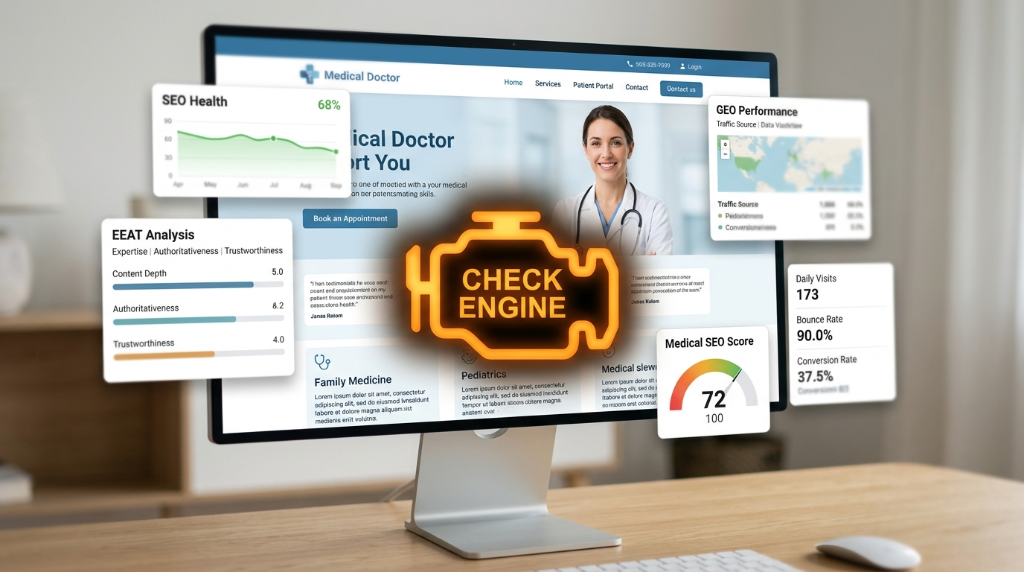 Check engine light on a medical website dashboard — SEO and AI readiness warning