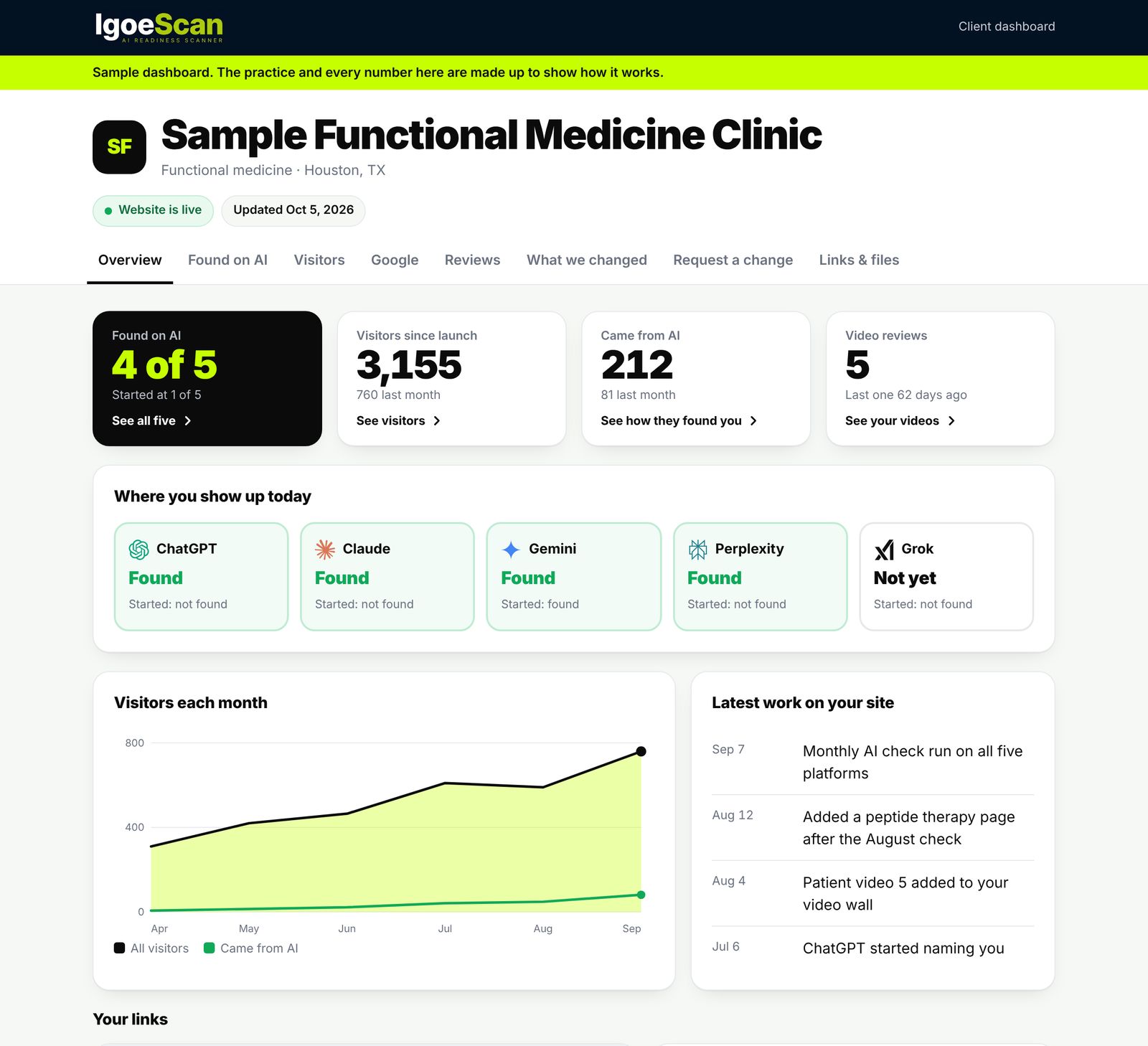 Sample client dashboard showing Found on AI results, visitors, and the latest work on the site