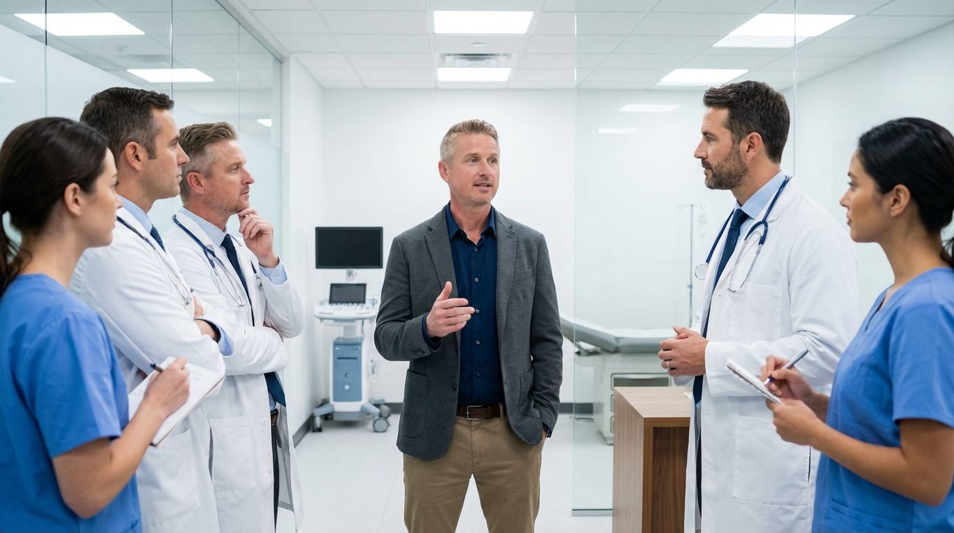 Jeff Igoe talking with a team of doctors
