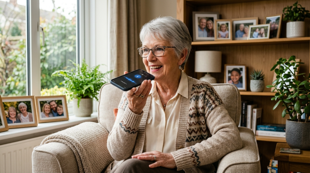 Older woman smiling while using voice AI on her smartphone at home